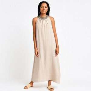 120% Lino Chic Holiday Tan Linen Maxi Dress Embellished Beaded Neckline Sz EU 46